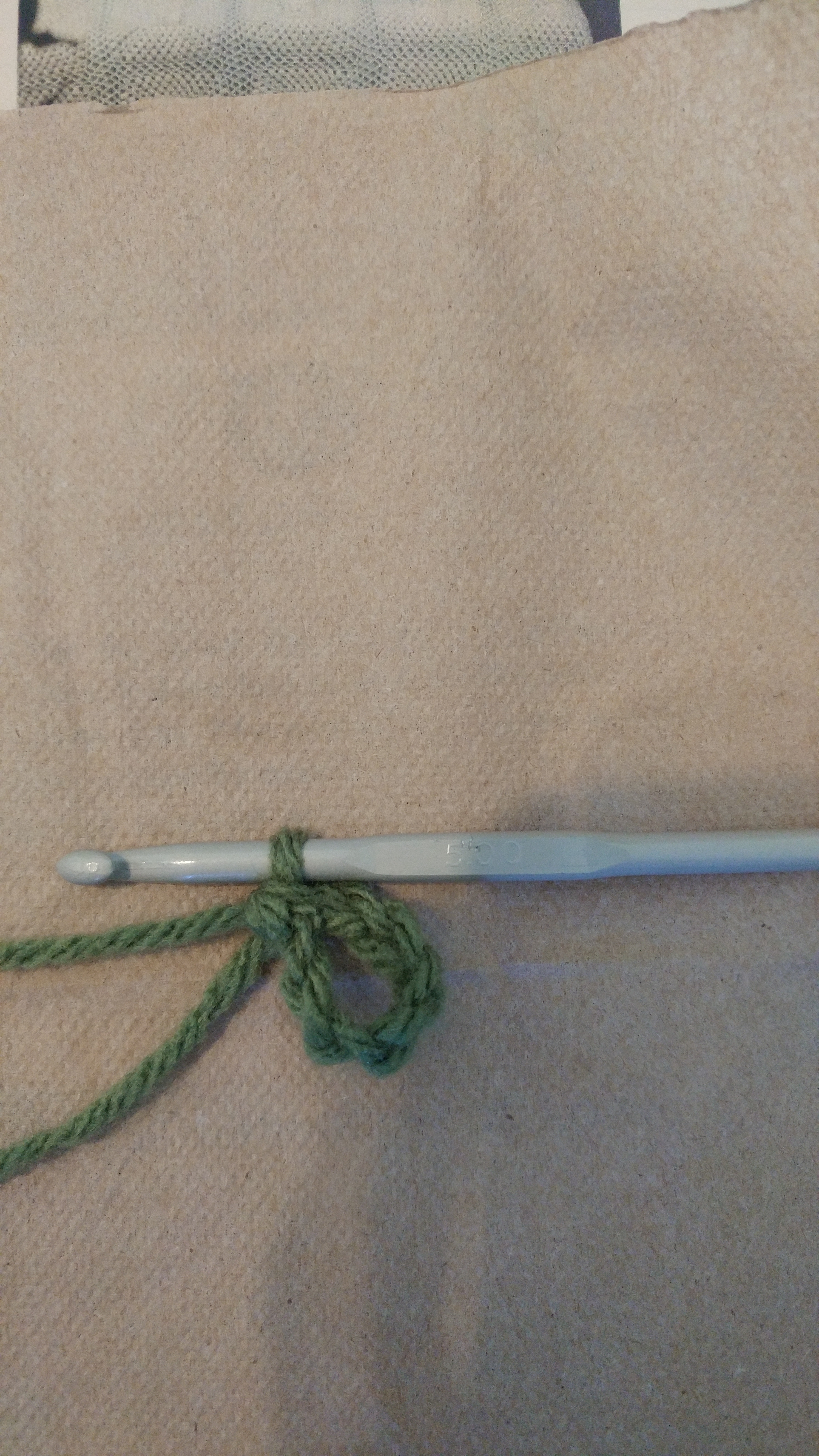 Fancy Square Row 0 Forming a loop with green yarn for my fancy square
