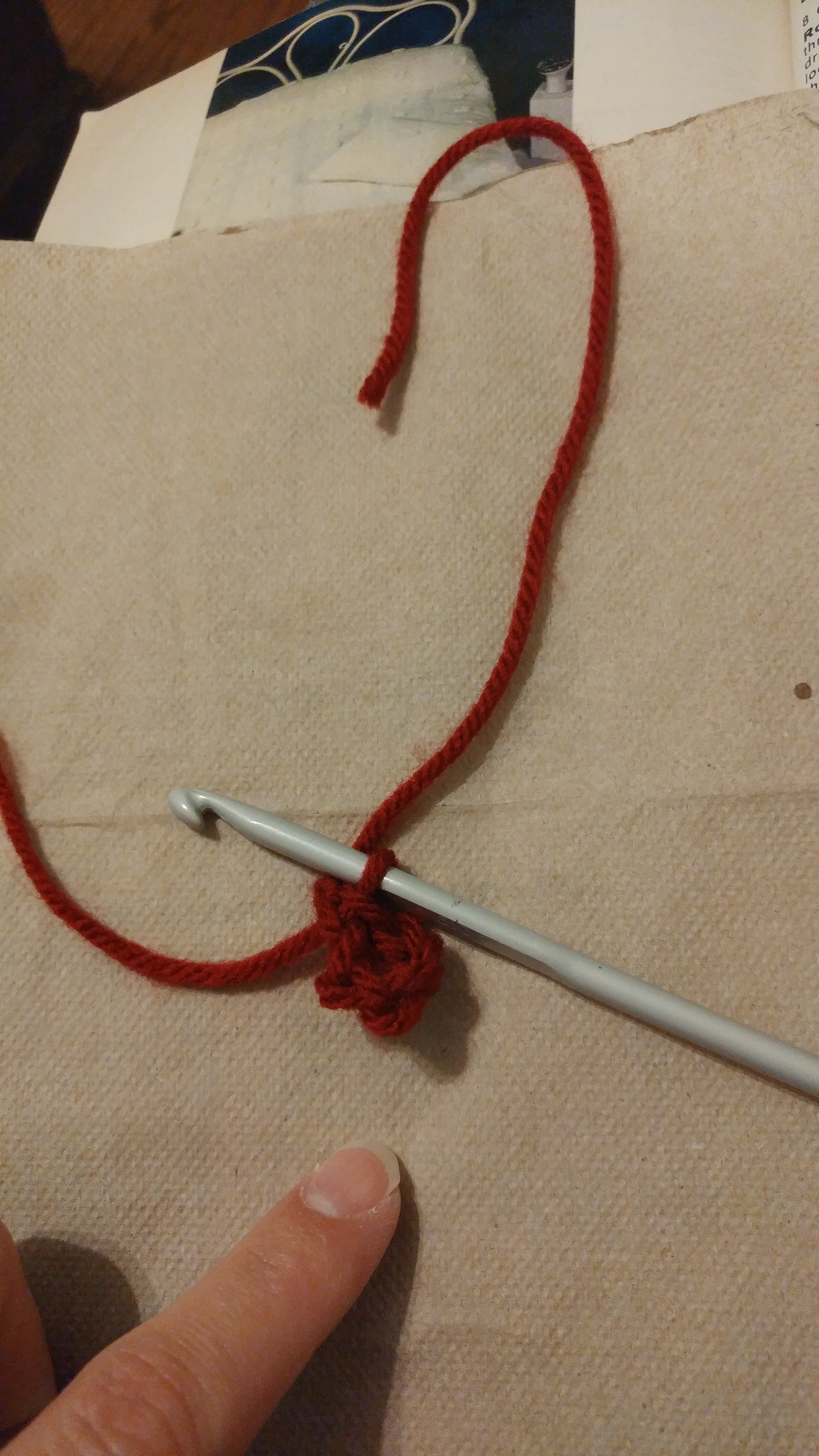 Plain Square Row 0 The starting loop of my claret red plain square.