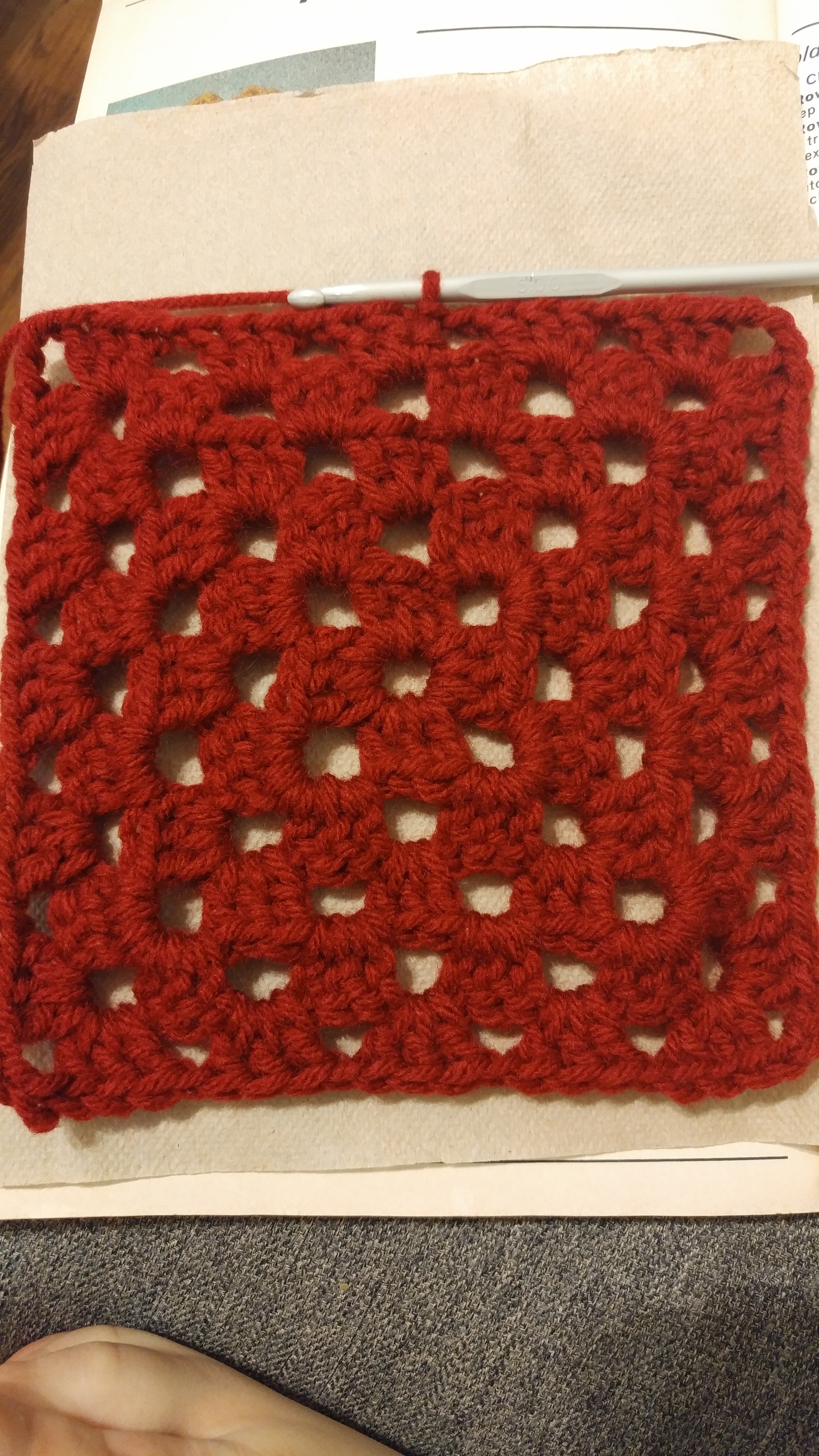 Plain Square Row 5 Round 5 of my claret red plain square; each side has 5 clusters between the corners.