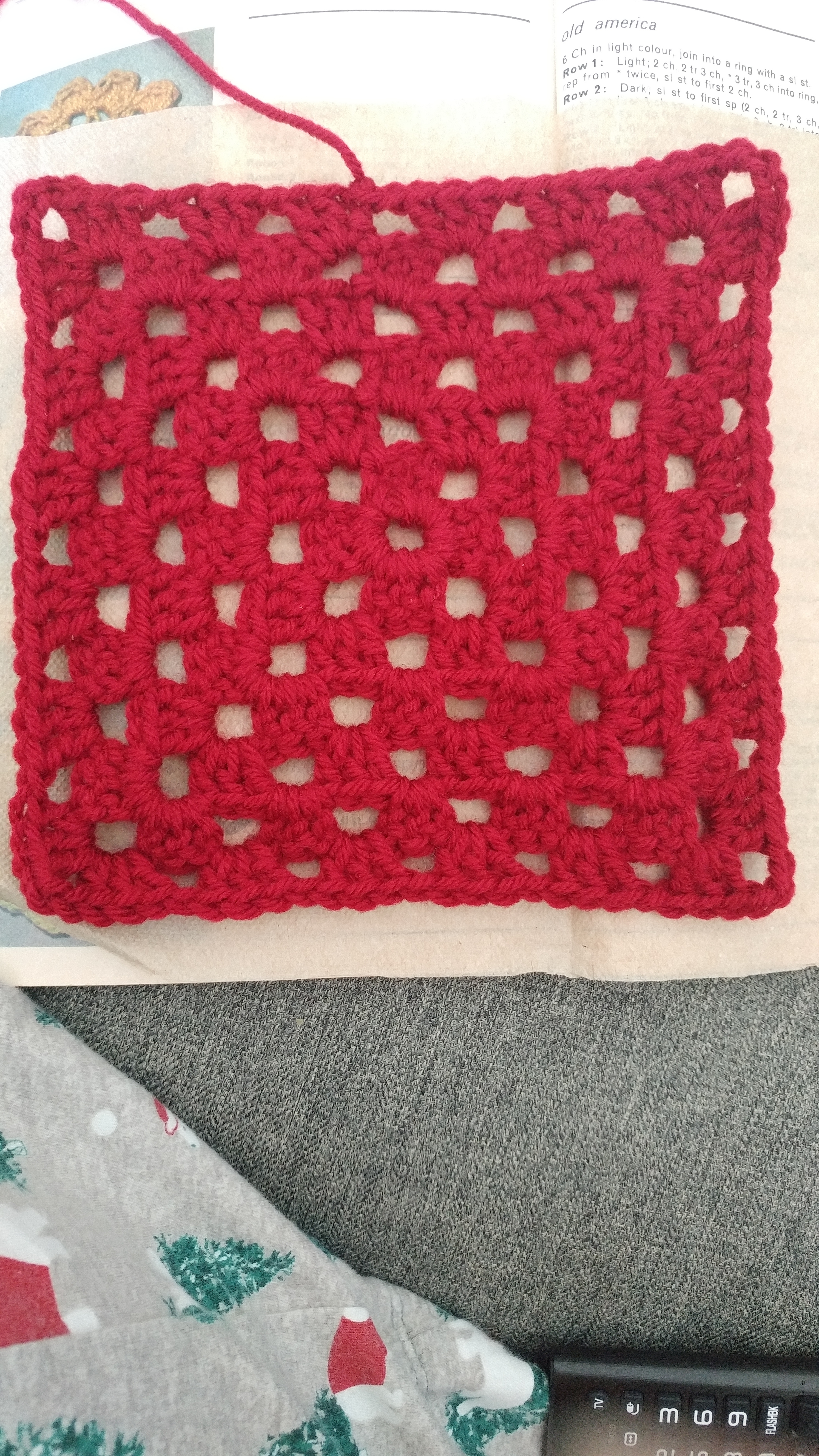 Plain Square Row 6 The final round of my claret red plain square; each side has 6 clusters between the corners.