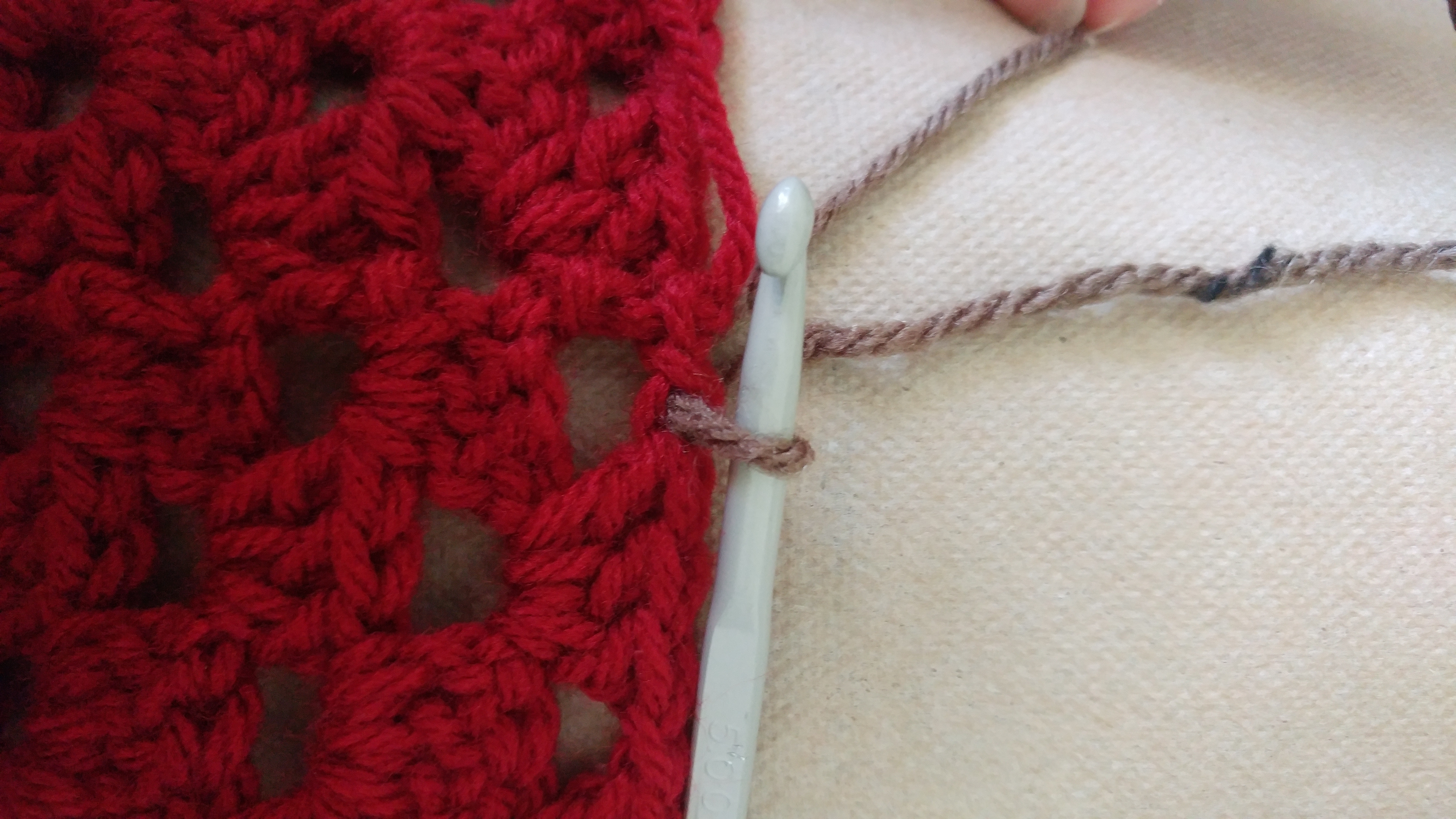 Plain Square Just Putting the Borser On I have put the crochet hook in the space just before the knot and drawn the walnut tweed through around the hook.