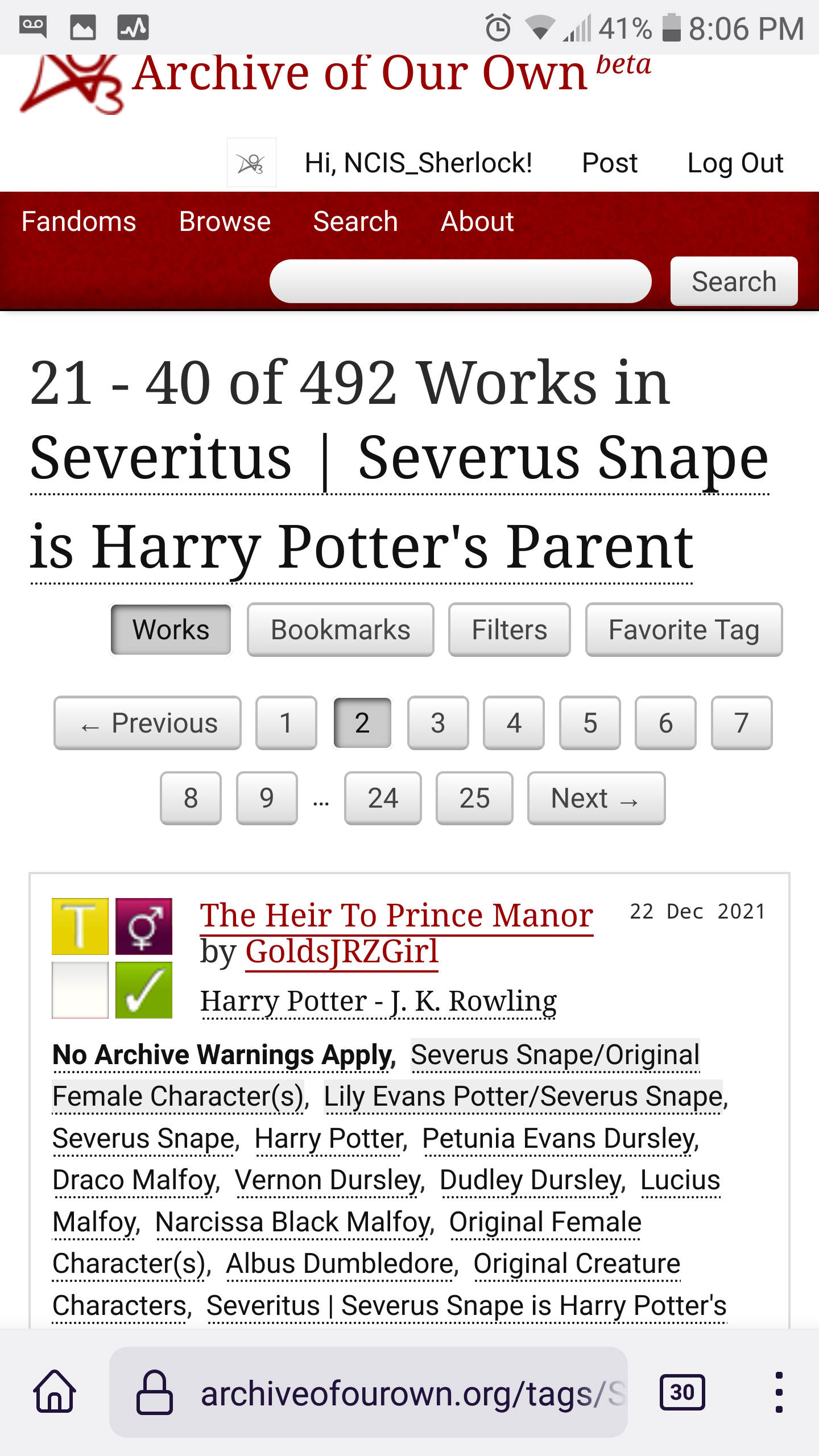 My current AO3 search page, Severitus fics